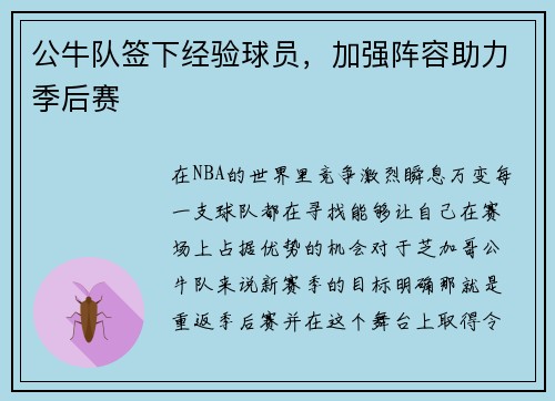 公牛队签下经验球员，加强阵容助力季后赛